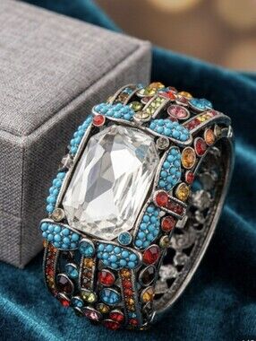 HUGE Crystal Statement Cuff Bracelet with Turquoise Bead, Colored Crystals